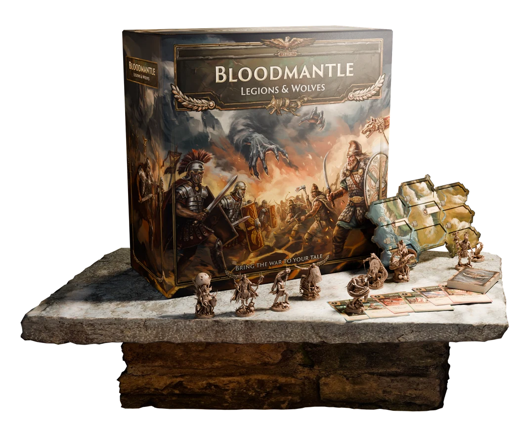 Bloodmantle game box, miniatures, cards, and modular terrain